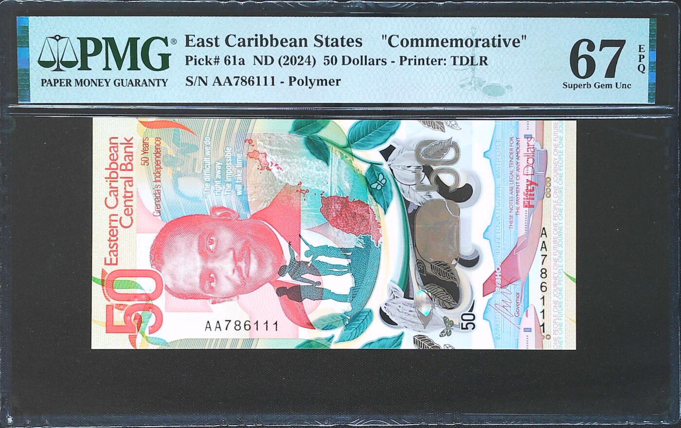 世界靓号纸钞第七十八期 2024年东加勒比50元纪念钞 首发AA冠 全程无4 豹子号111 PMG67