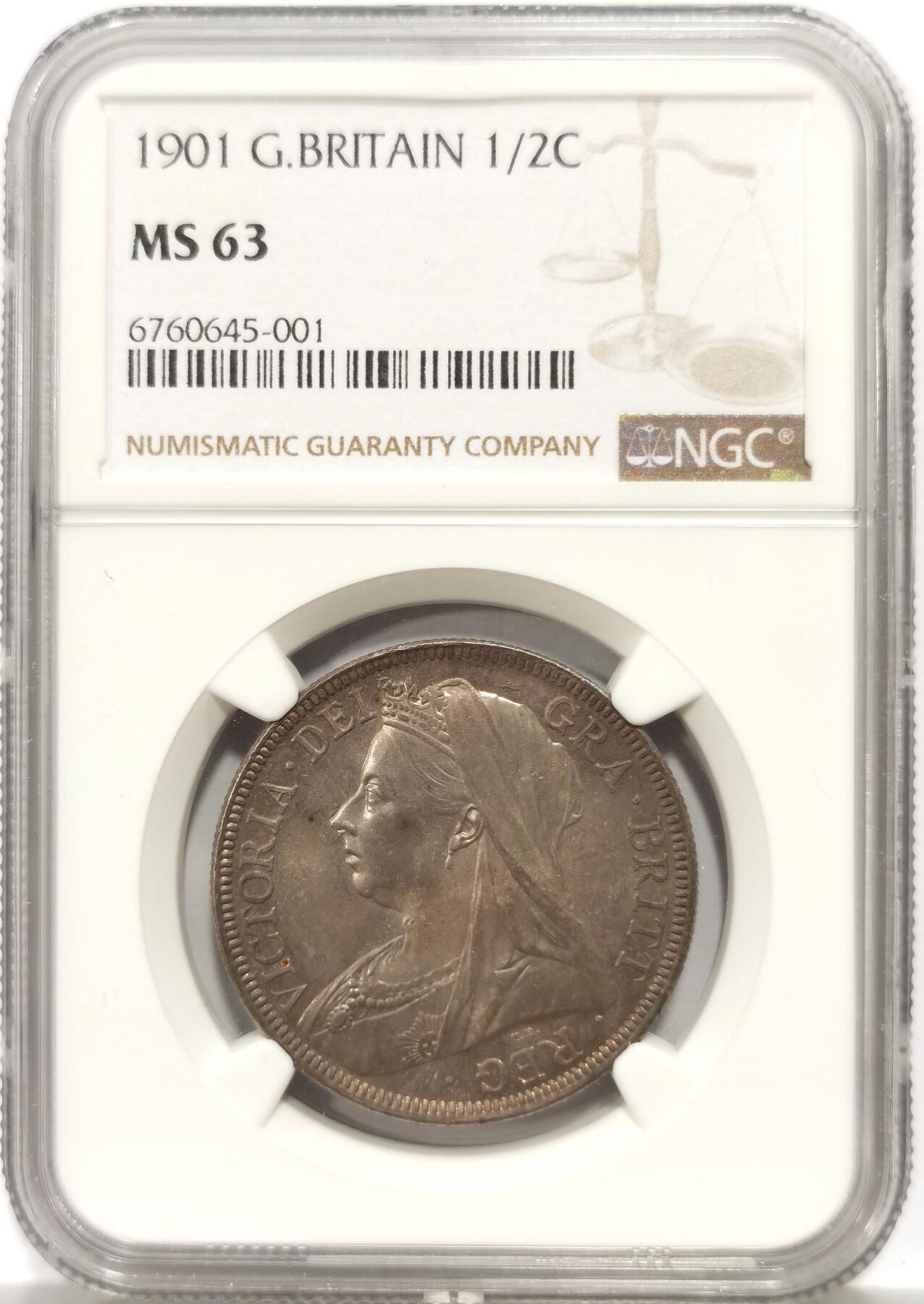 博洋堂世界钱币拍卖第147期（全场包邮） NGC MS63 英国1901年维多利亚半克朗银币，币面状态完美，灰金包浆，呈现如丝绸般光泽