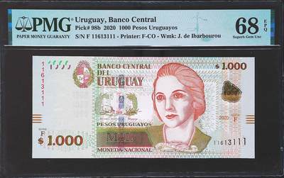 世界靓号纸钞第七十八期 - 2020年乌拉圭1000比索 全程无47 数三 豹子号111 PMG68 超高分