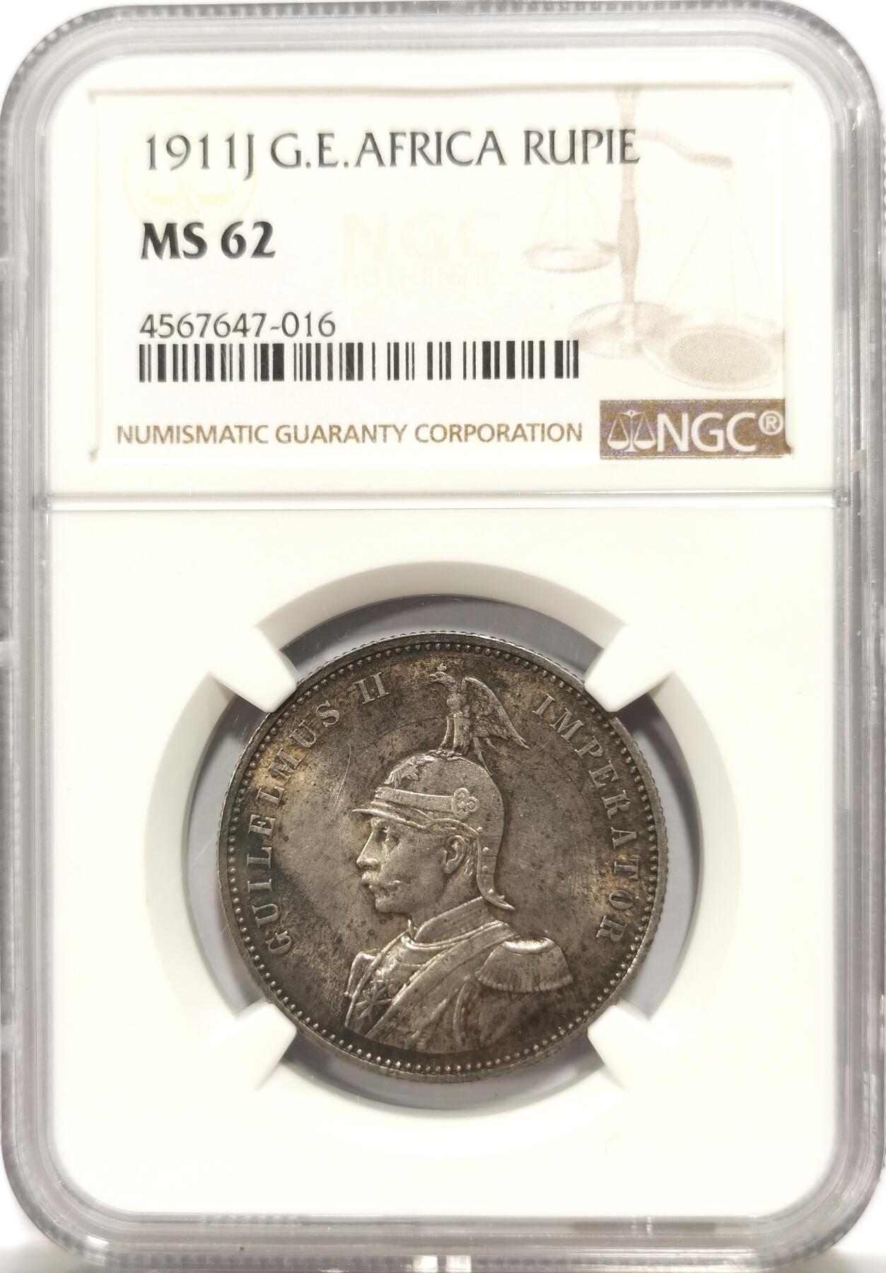 博洋堂世界钱币拍卖第147期（全场包邮） NGC MS62 德属东非1911年1卢比银币，原光品相，好品不多见的品种