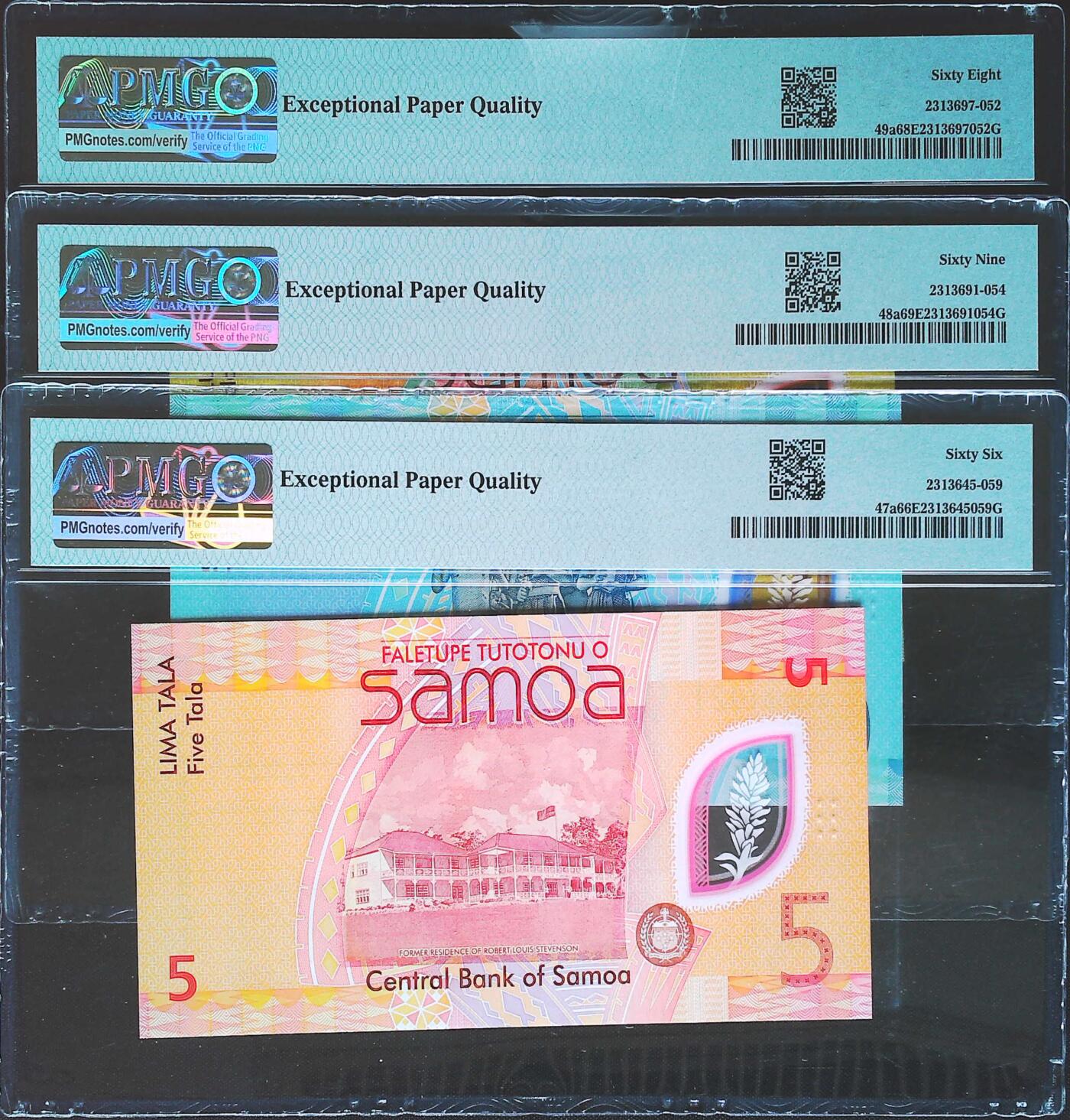 世界靓号纸钞第七十八期 2024年萨摩亚5-10-20塔拉 三张全同号1921号 PMG66-68-69