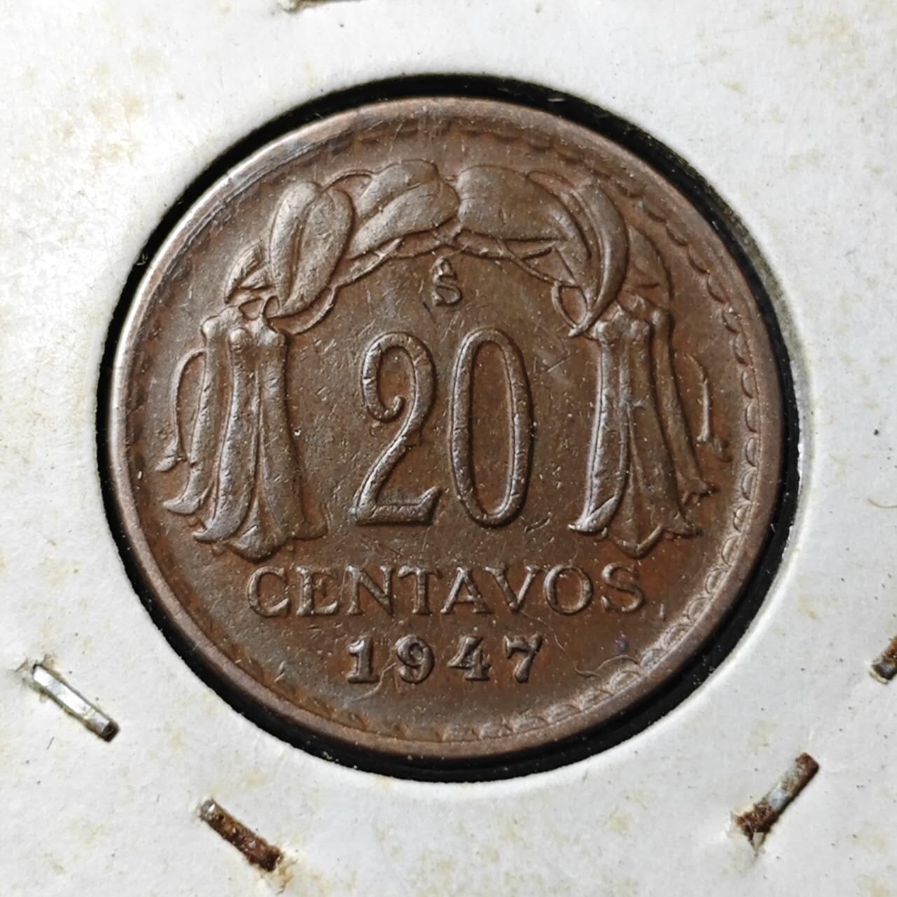 KK钱币收藏小铺  第374场  2月预留时间 周末发货  1947智利20分铜币