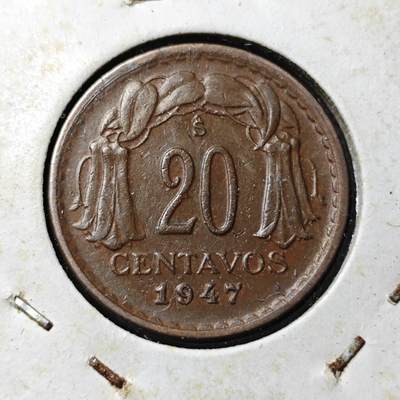 KK钱币收藏小铺  第374场  2月预留时间 周末发货 -  1947智利20分铜币