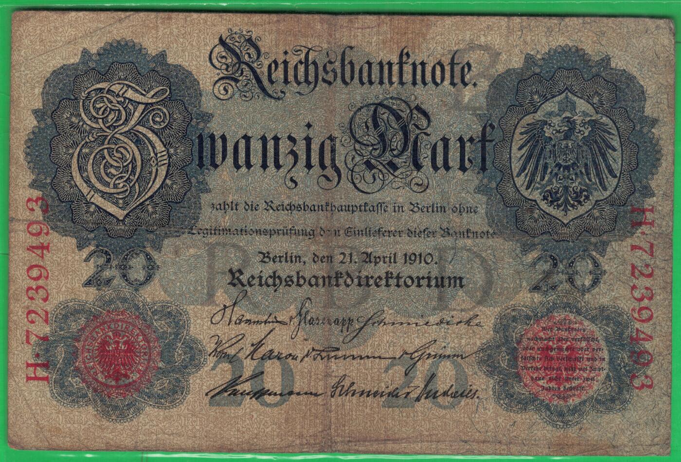 德国1910年20马克 P-40b 无水印 7位号 加盖字母B 实物图