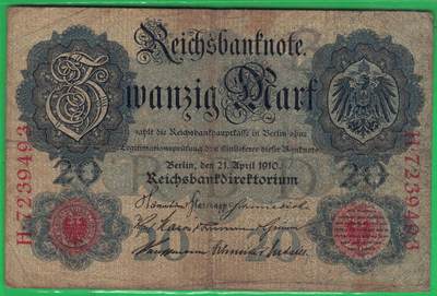 德国1910年20马克 P-40b 无水印 7位号 加盖字母B 实物图 - 德国1910年20马克 P-40b 无水印 7位号 加盖字母B 实物图