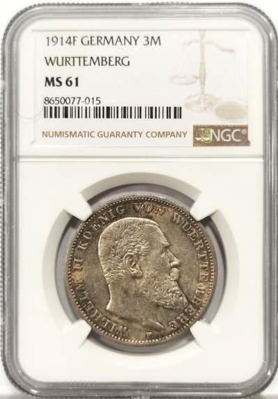 博洋堂世界钱币拍卖第147期（全场包邮） - NGC MS61 德国符腾堡1914年威廉二世3马克银币 发丝胡子清晰 包浆自然