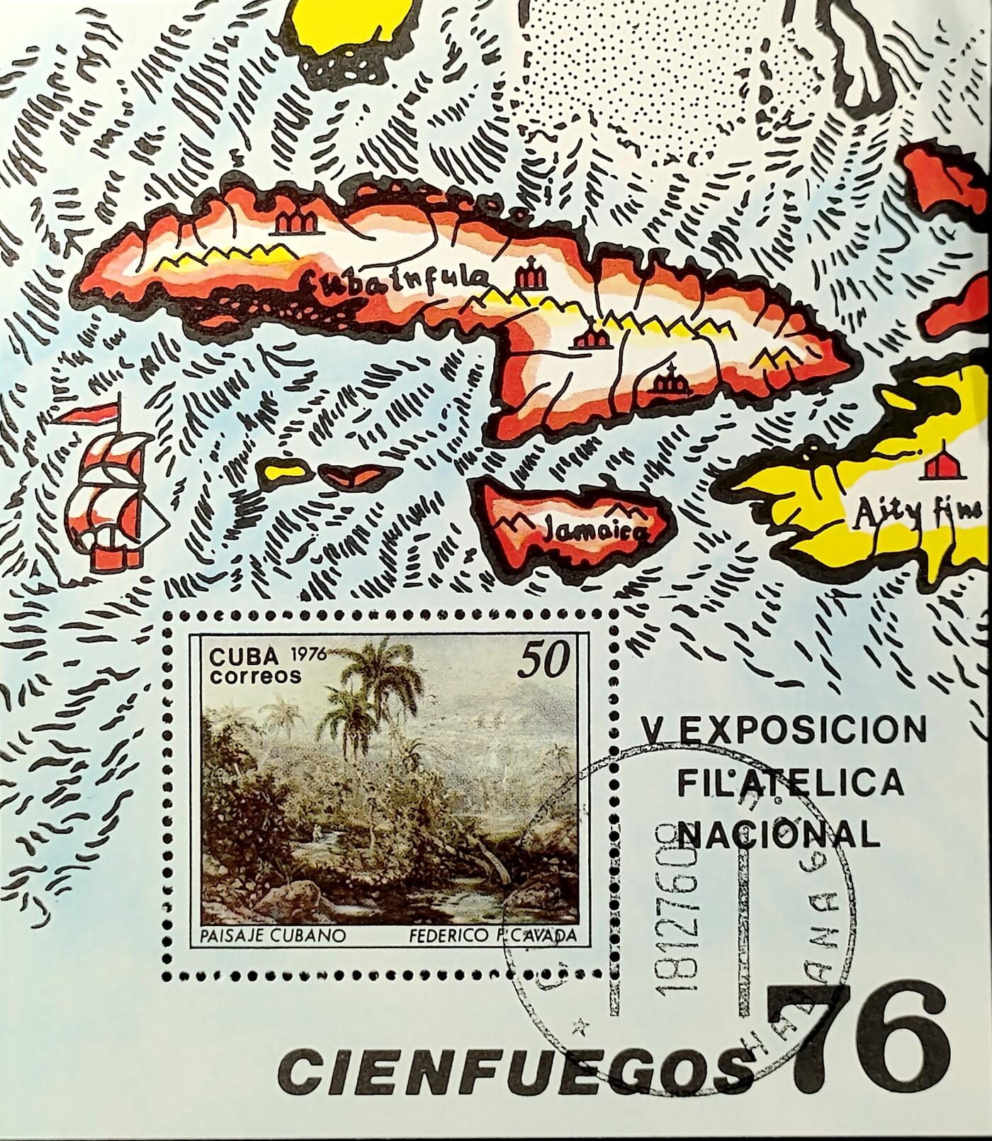 ↓君缘收藏658期☞钱币邮品↓无佣金、可寄存、满30元包邮  古巴邮票，1976年古巴国家邮展,费德里科·P·卡瓦达风景画作和古巴 牙买加等地图小型张
