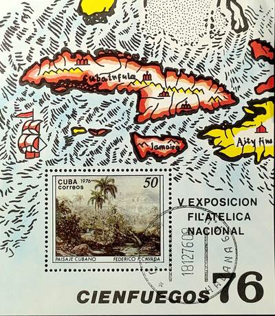 ↓君缘收藏658期☞钱币邮品↓无佣金、可寄存、满30元包邮  - 古巴邮票，1976年古巴国家邮展,费德里科·P·卡瓦达风景画作和古巴 牙买加等地图小型张