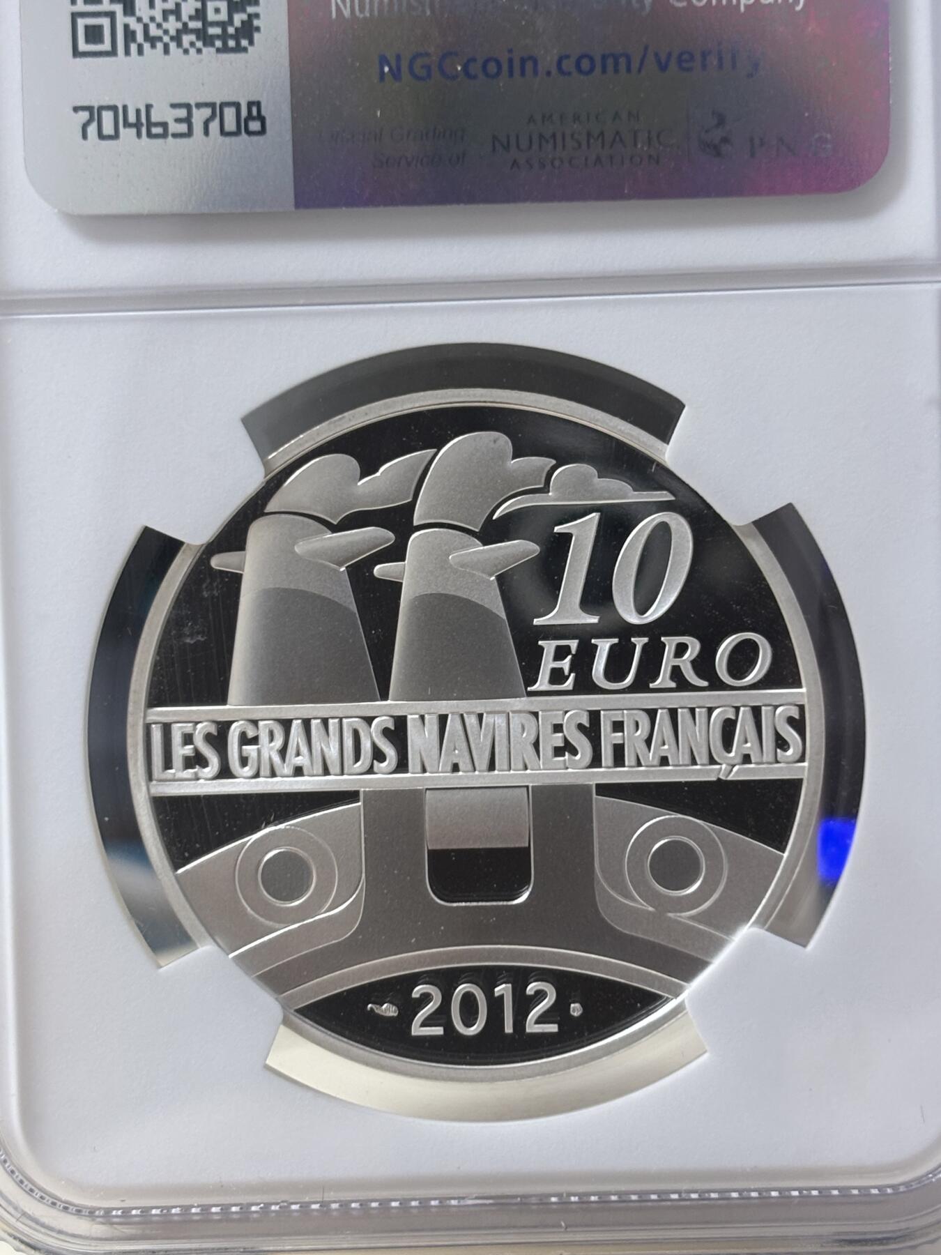 第182期拍卖 获奖法国2012年伟大船舶法兰西号邮轮银币NGC-PF69无盒无证书，900银，22.2克，发行10000枚，获年度最佳银币