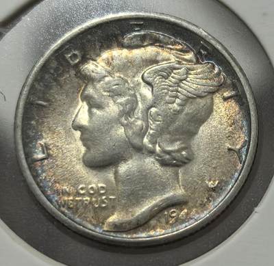 外国优质老铜币银币，周六九点倒数截拍，满百包邮，可寄存半年，喜欢朋友微信扫描二维码可直接参拍 - 极美品五彩美国1944年10分银币