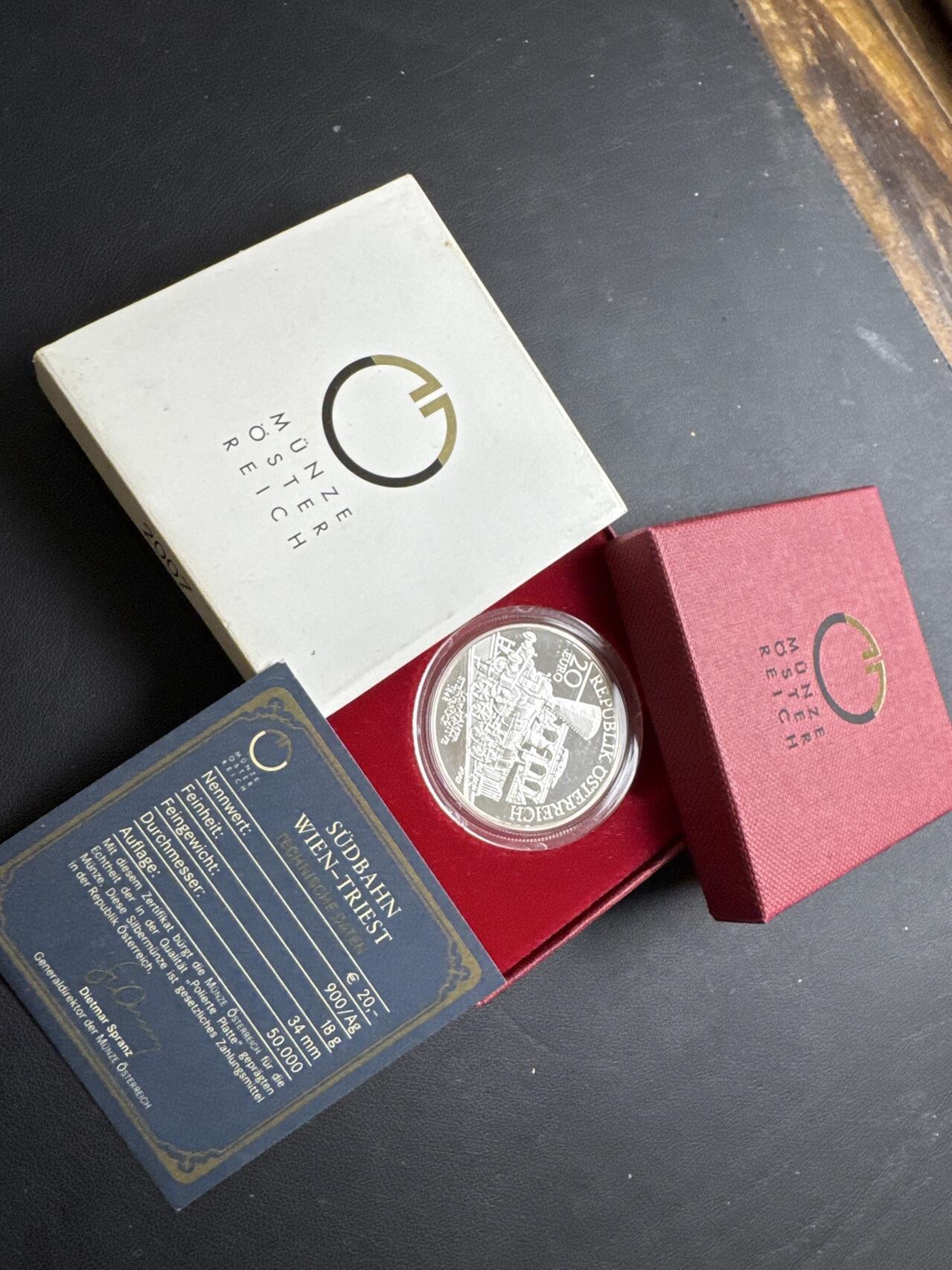 ❤️【币观天下】❤️ 第331期钱币拍卖- 2025.11.21周五晚上6点半场-长期征集拍品 原厂盒证奥地利2007年20欧元斐迪南皇帝北方铁路精制银币900银20克直径34毫米