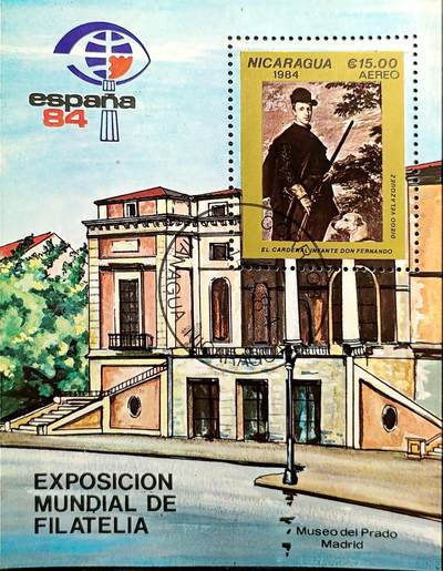 ↓君缘收藏658期☞钱币邮品↓无佣金、可寄存、满30元包邮  - 尼加拉瓜邮票，1984年西班牙马德里世界邮展,迭戈·委拉斯开兹绘画《红衣主教亲王费尔南多》和马德里普拉多博物馆建筑小型张