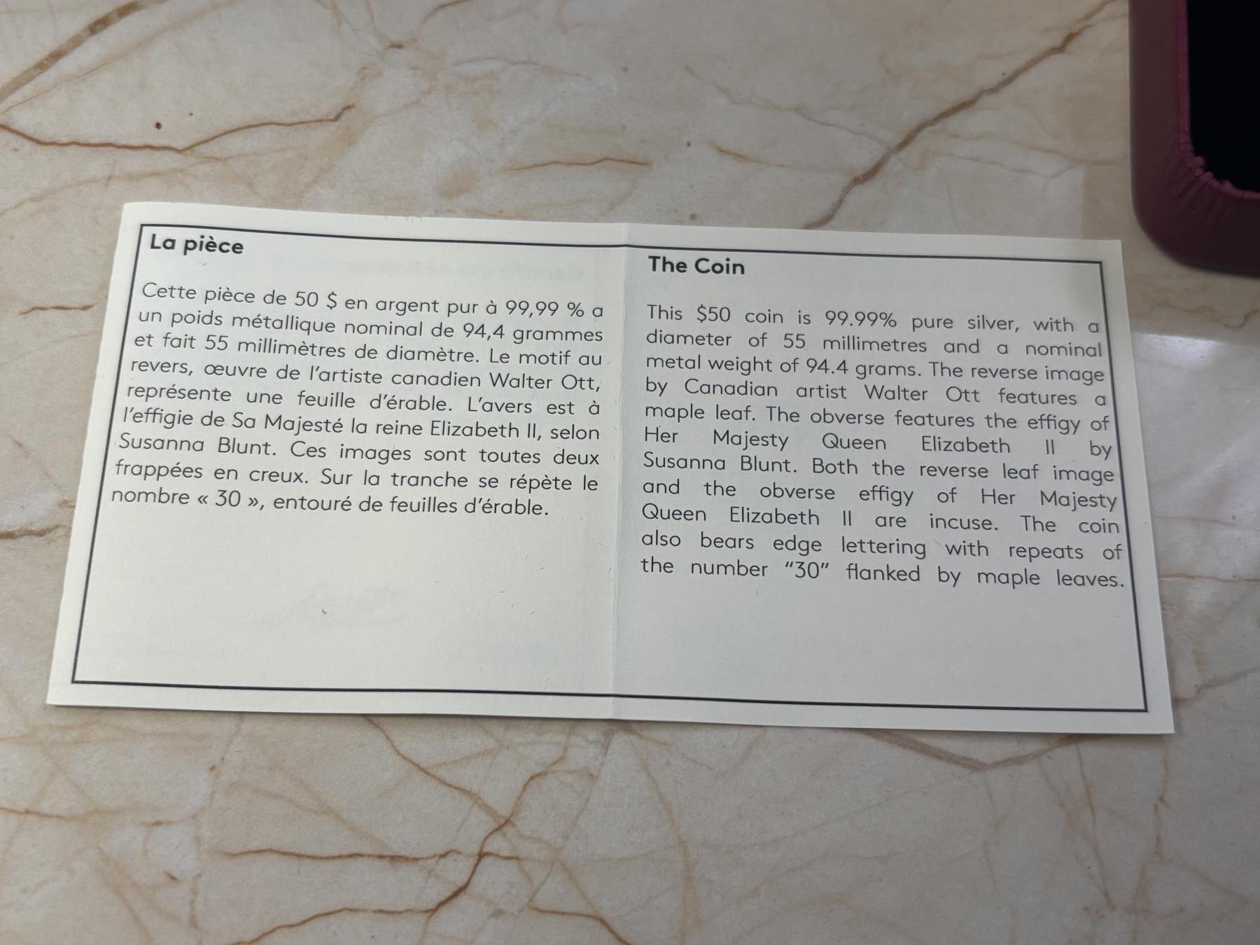 第182期拍卖 加拿大2018年枫叶发行30周年3盎司精制纪念银币，3盎司，9999银，