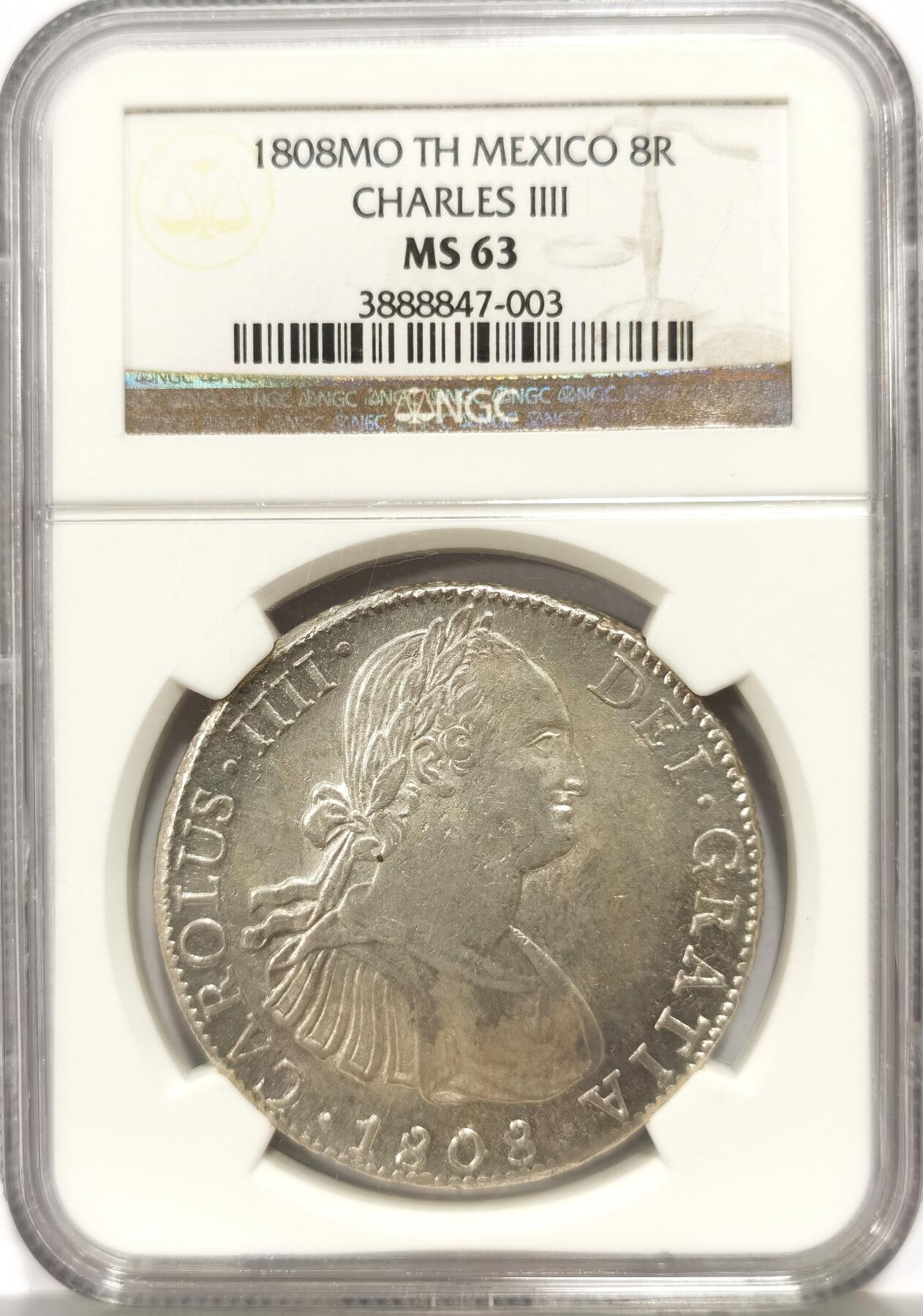 博洋堂世界钱币拍卖第147期（全场包邮） NGC MS63 墨西哥卡洛斯四世双柱1808MO TH 转光好状态