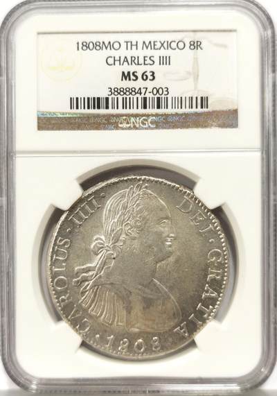 博洋堂世界钱币拍卖第147期（全场包邮） - NGC MS63 墨西哥卡洛斯四世双柱1808MO TH 转光好状态
