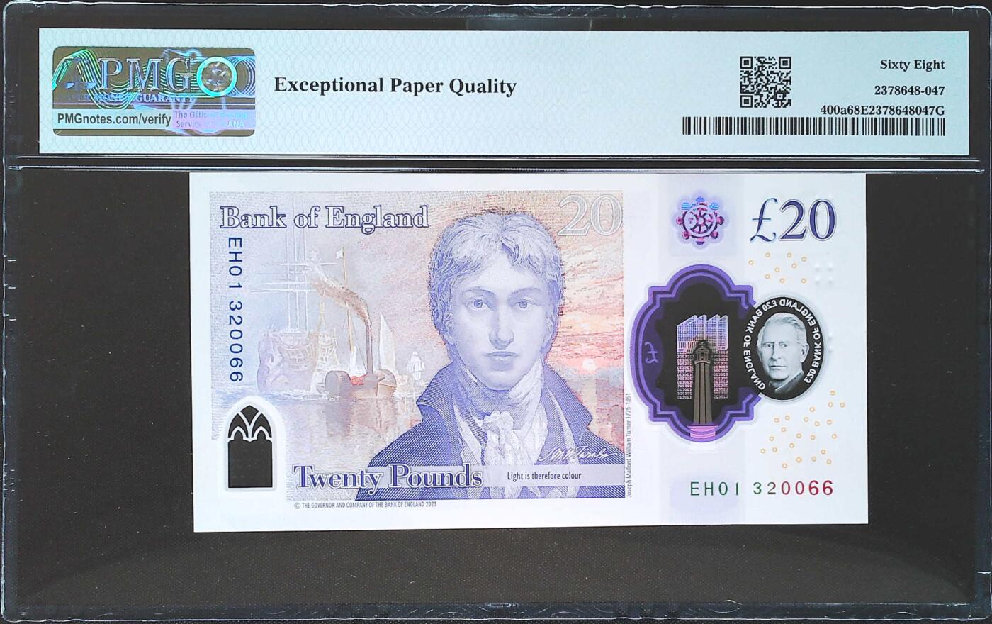 世界靓号纸钞第七十八期 2024年英国英格兰银行20镑 首发EH01 全程无47 PMG68 超高分