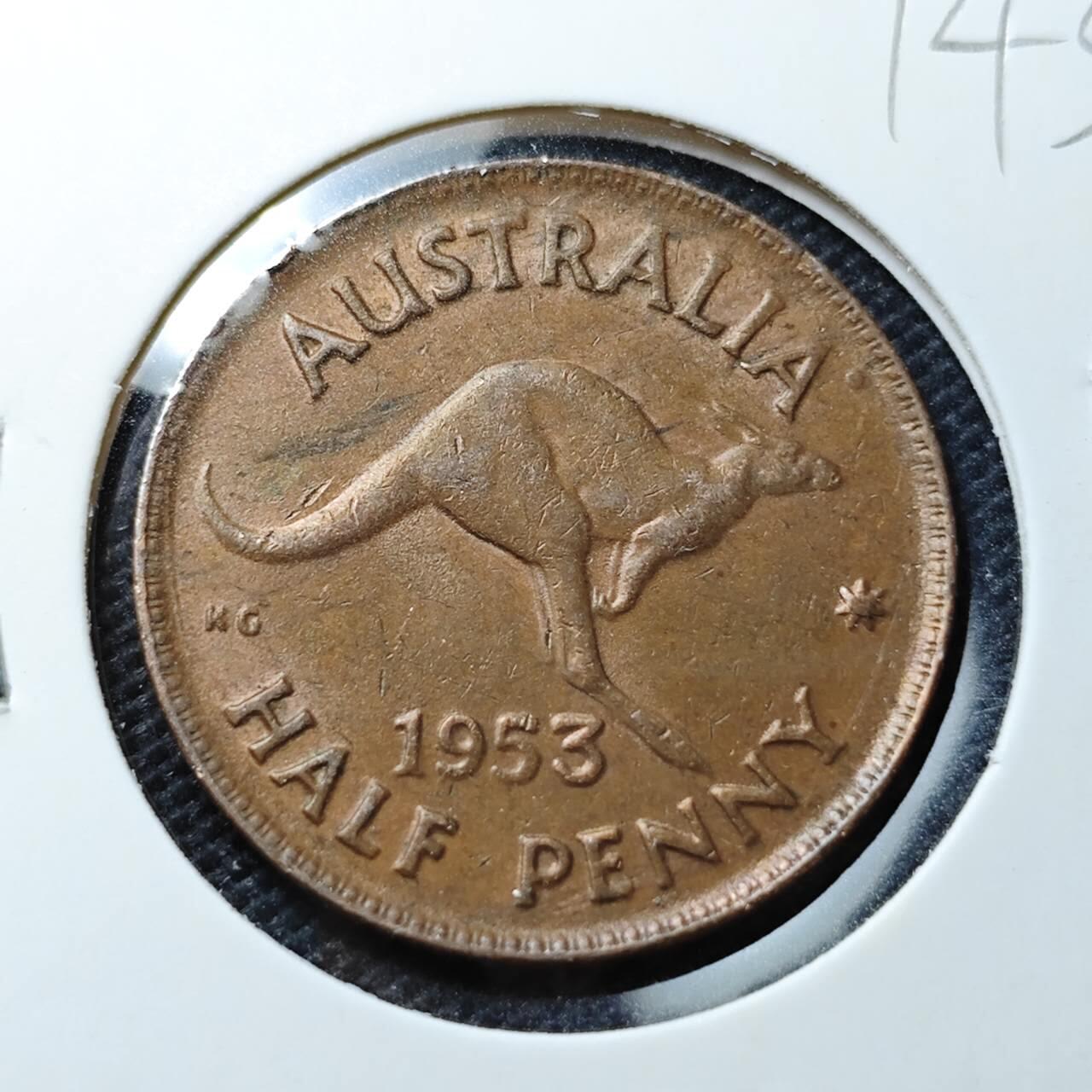KK钱币收藏小铺  第374场  2月预留时间 周末发货  1953澳大利亚半便士铜币