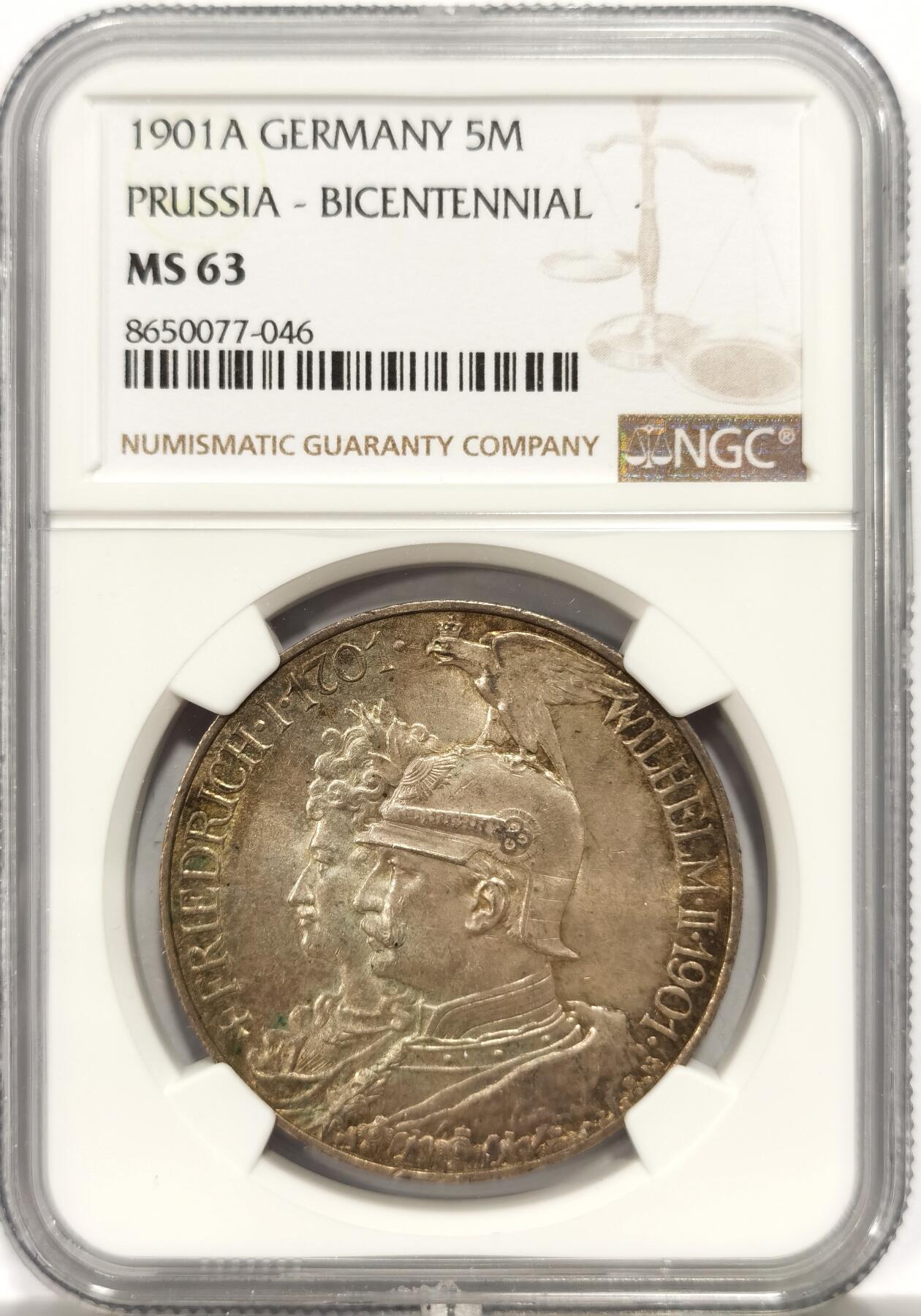 博洋堂世界钱币拍卖第147期（全场包邮） NGC MS63 德国普鲁士1901年建国纪念5马克银币 淡黄油彩 转光明显