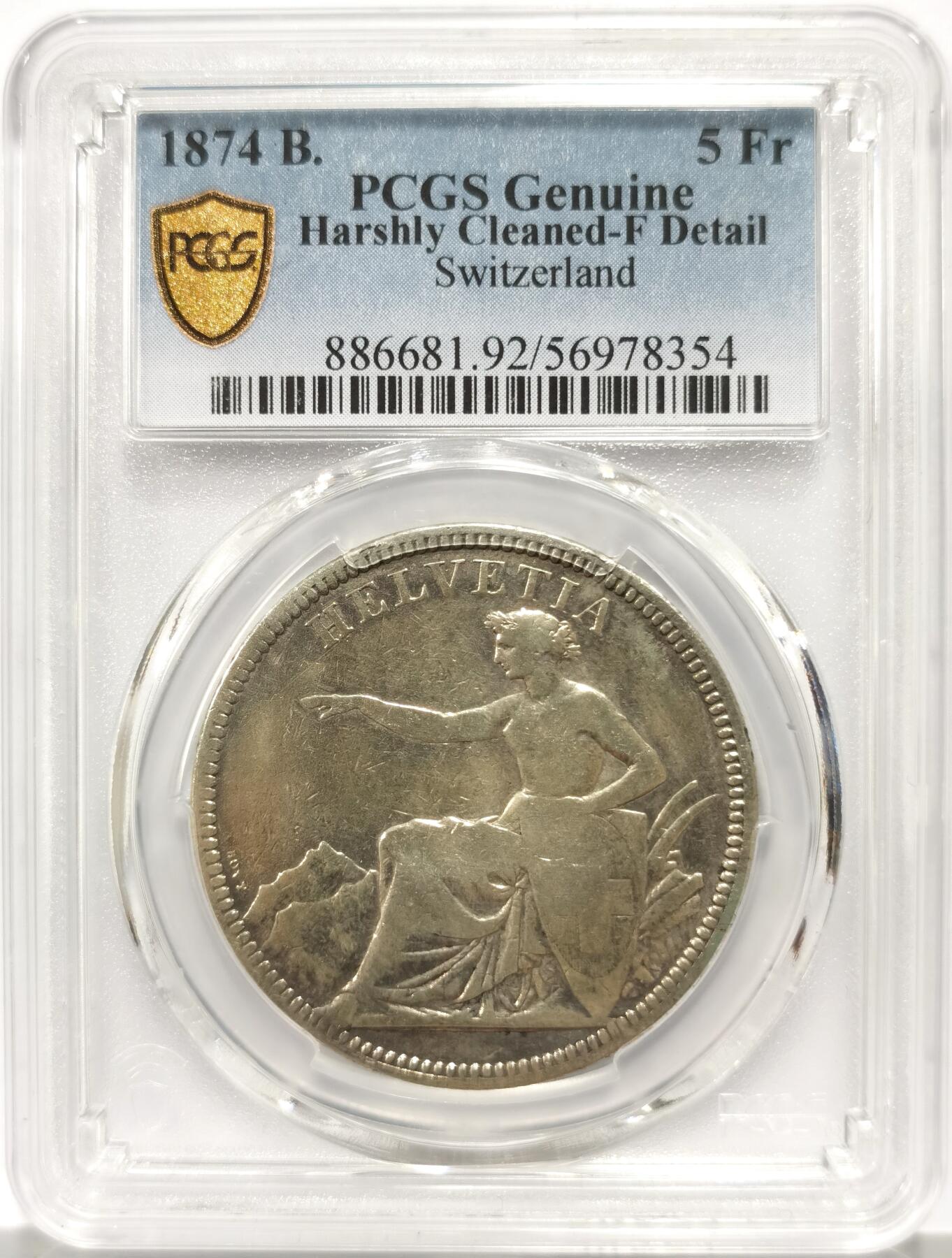 博洋堂世界钱币拍卖第147期（全场包邮） PCGS F Details 瑞士1874年坐人女神5法郎大银币