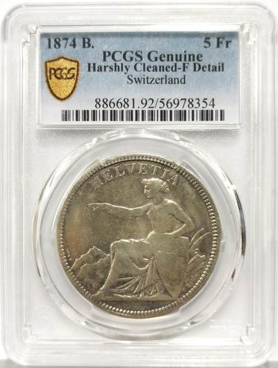 博洋堂世界钱币拍卖第147期（全场包邮） - PCGS F Details 瑞士1874年坐人女神5法郎大银币