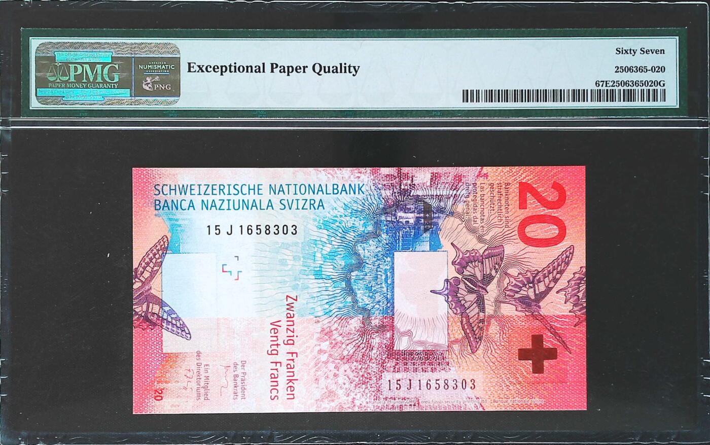 世界靓号纸钞第七十八期 2015年瑞士20法郎 全程无47 PMG67
