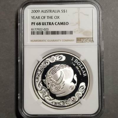 长老汇蛇年精选第七十六场拍卖 - 2009澳大利亚生肖牛1元精制纪念银币 ，1盎司999银，NGC PF68UC