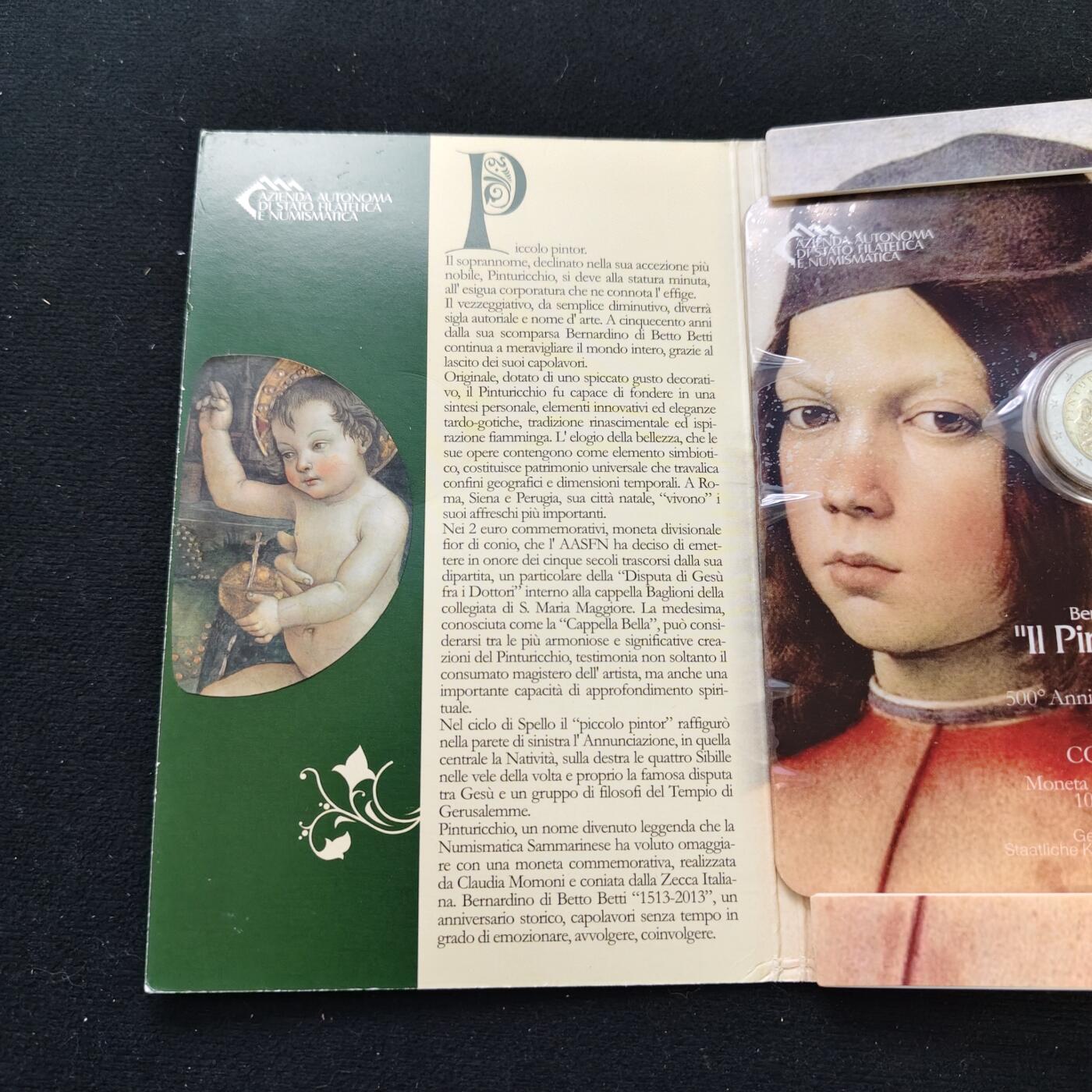 【全场包邮】纯粹捡漏拍479场（免费代拍第16场） 圣马力诺2013年2欧元画家平图里基奥逝世500周年官方卡装纪念币