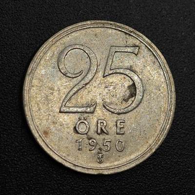 【淘币小摊】实时拍第八百零一拍   散币场   满百包邮可预留二周 每周一统一发货   - 瑞典1950年25欧尔银币