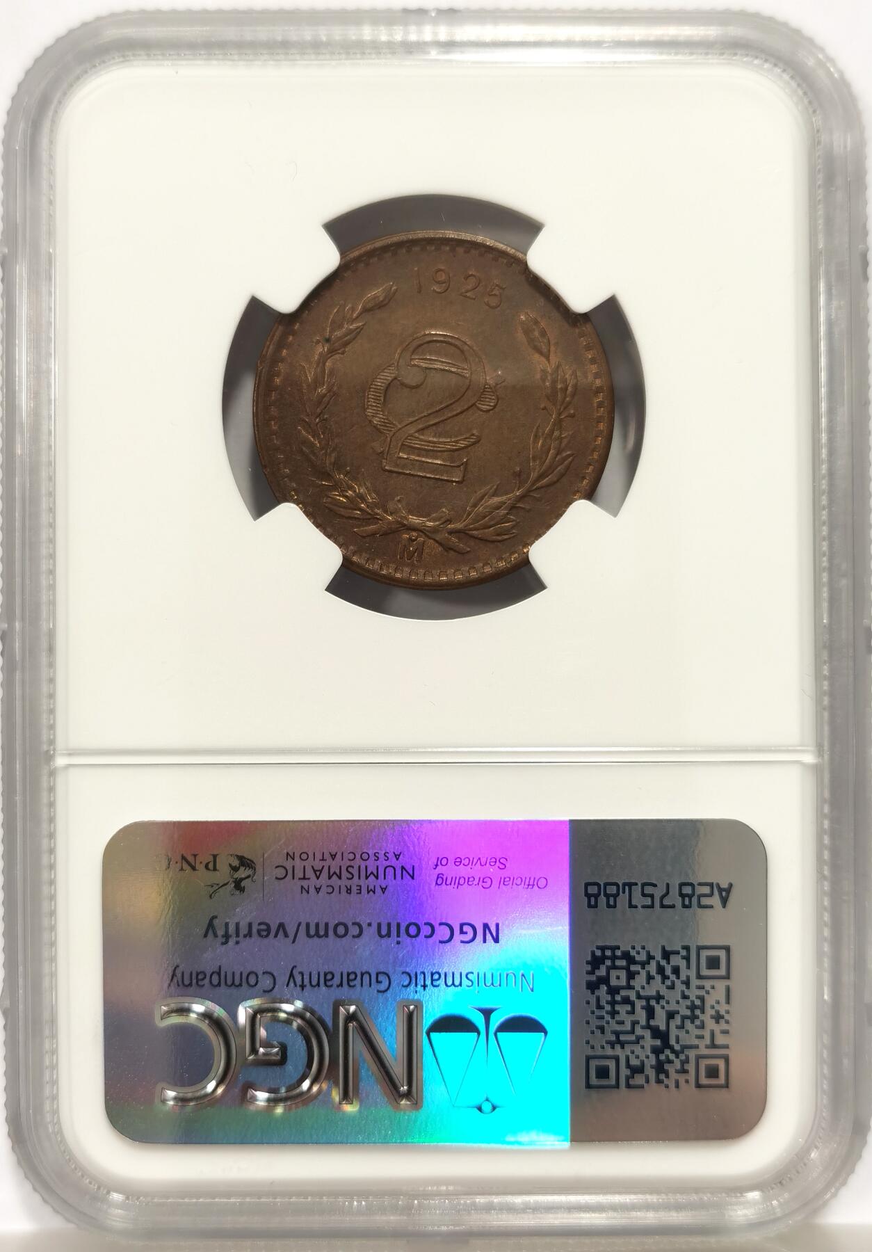 博洋堂世界钱币拍卖第147期（全场包邮） NGC MS62BN 墨西哥1925年2分铜币，带漂亮的底光，墨西哥早期都不便宜，此前稀奇61分200多元成交