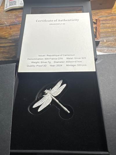 ❤️【币观天下】❤️ 第331期钱币拍卖- 2025.11.21周五晚上6点半场-长期征集拍品 - 喀麦隆2024年立体动物系列银币蜻蜓发行量333枚