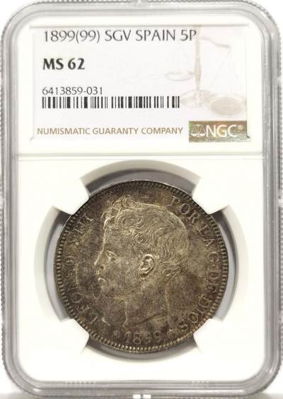 博洋堂世界钱币拍卖第147期（全场包邮） - NGC MS62 西班牙1899年阿方索小男孩大银币，包浆状态一流。