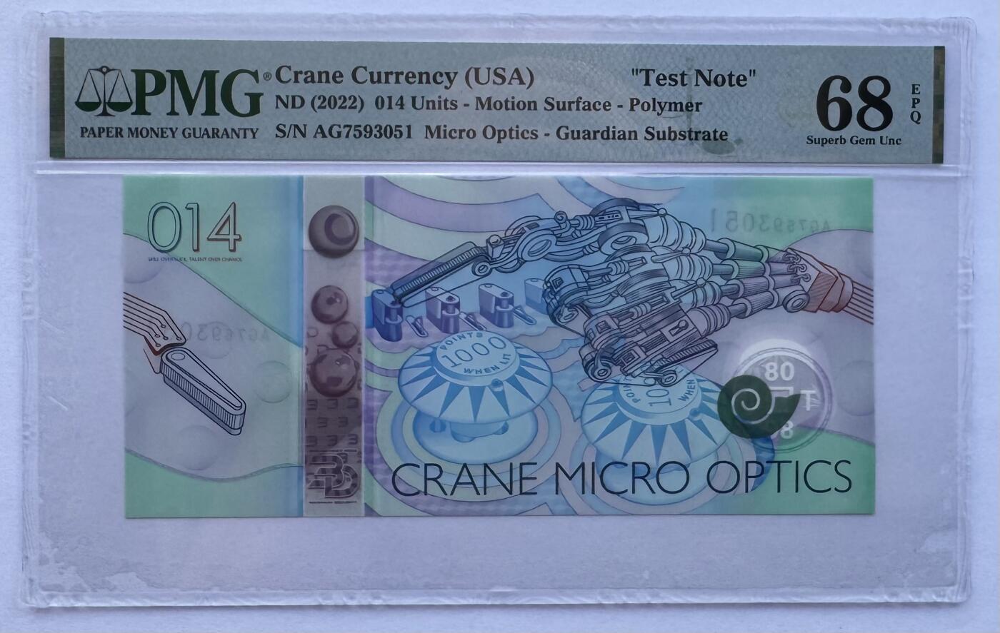 2025第25场（总第225期）：精品测试钞、纪念钞、塑料钞、连体钞综合场 窗口Spark版 美国Crane“弹珠”Motion Surface®微光学安全线～眼睛014系列塑料测试钞UNC