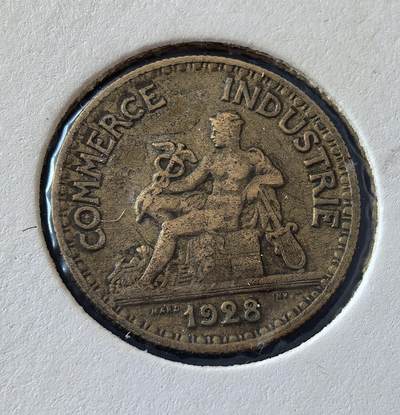 外国优质老铜币银币，周六九点倒数截拍，满百包邮，可寄存半年，喜欢朋友微信扫描二维码可直接参拍 - 欧洲老藏家纸夹-法国1928年商务部版50分铜币