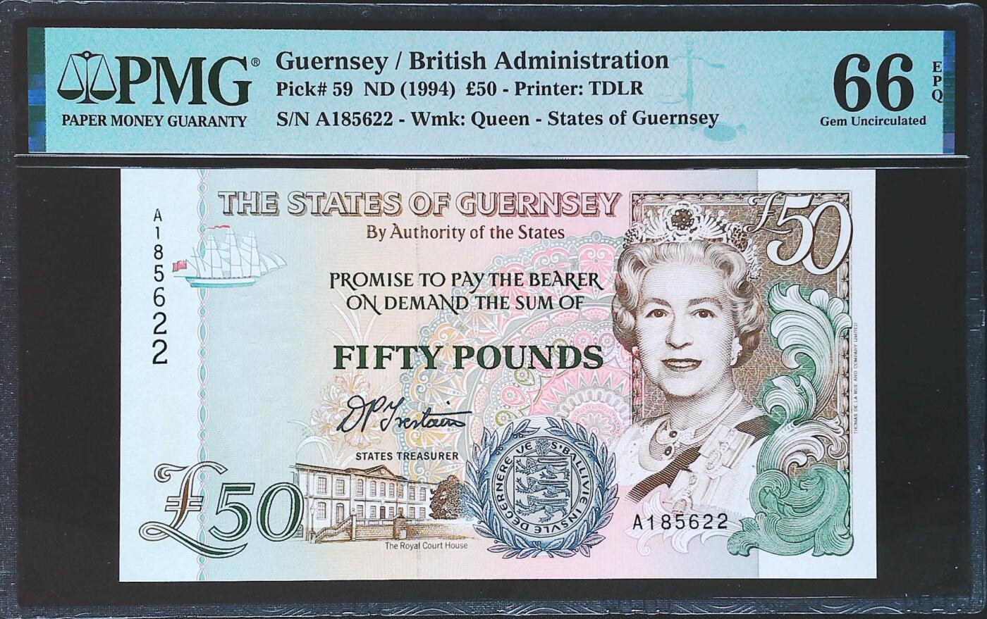 世界靓号纸钞第七十八期 1994年格恩西50镑 首发A冠 全程无347 PMG66 最大面值