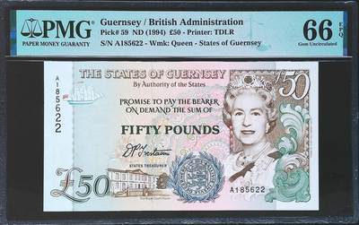 世界靓号纸钞第七十八期 - 1994年格恩西50镑 首发A冠 全程无347 PMG66 最大面值