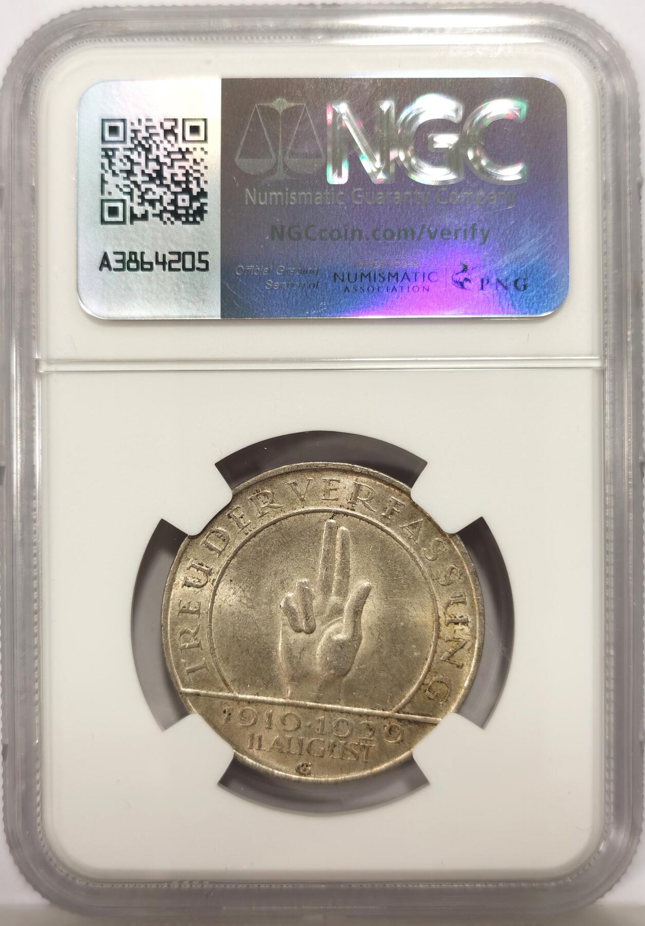 博洋堂世界钱币拍卖第147期（全场包邮） NGC MS62 德国魏玛共和国1929年宪法十周年3马克纪念银币，经典品种，转光漂亮，极少见的G厂好厂别