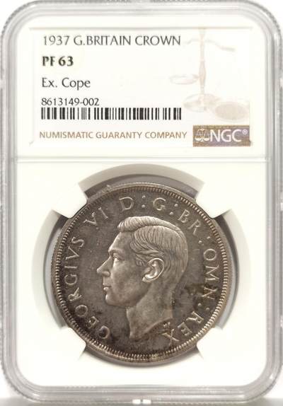 博洋堂世界钱币拍卖第147期（全场包邮） - NGC PF63 英国1937年乔治六世登基1克朗精制银币，发行量2.6万枚，名人旧藏。原汁原味五彩老包浆，包浆醇厚，PROOF精制币，高浮雕币面，味道币味道足，五彩包浆锋利感十足。