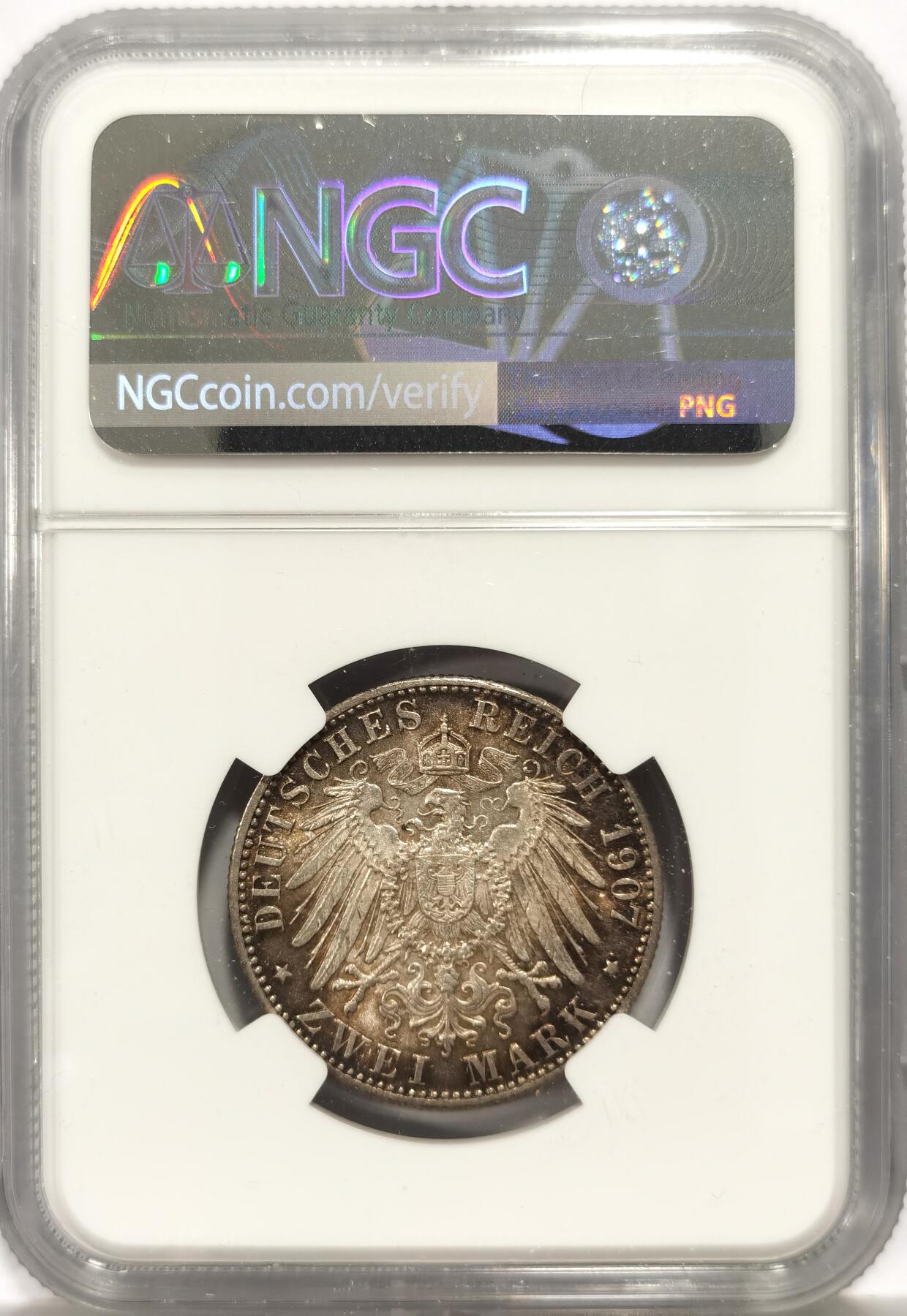 博洋堂世界钱币拍卖第147期（全场包邮） NGC MS61 德国巴登1907年逝世纪念2马克银币 转光明显 包浆自然