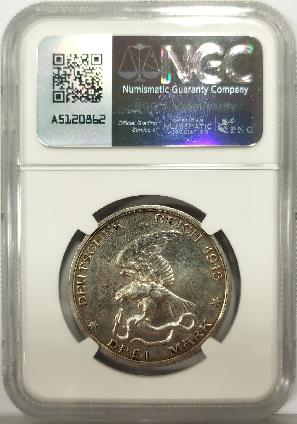 博洋堂世界钱币拍卖第147期（全场包邮） NGC UNCD 德国普鲁士1913战胜拿破仑百年纪念3马克银币，非常特殊的一版帝国马克设计，品相状态不错