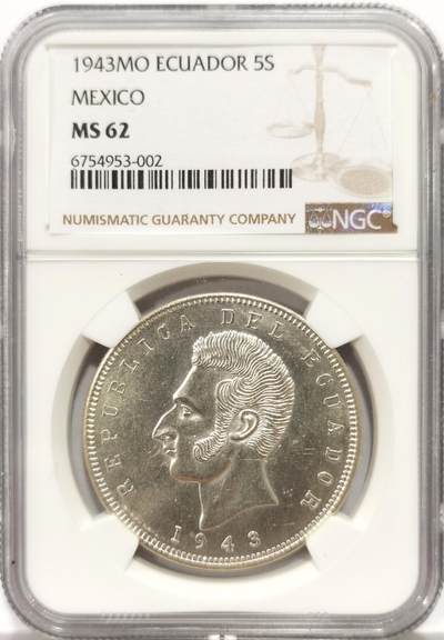 博洋堂世界钱币拍卖第147期（全场包邮） - NGC MS62 厄瓜多尔1943年5苏克雷银币，墨西哥铸造，较少见的年份，币面清爽干净又漂亮，转光强烈细节优秀，状态极佳。