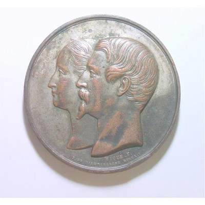 法国1853年 拿破仑三世和皇后高浮雕精制大镀银章 50MM - 法国1853年 拿破仑三世和皇后高浮雕精制大镀银章 50MM