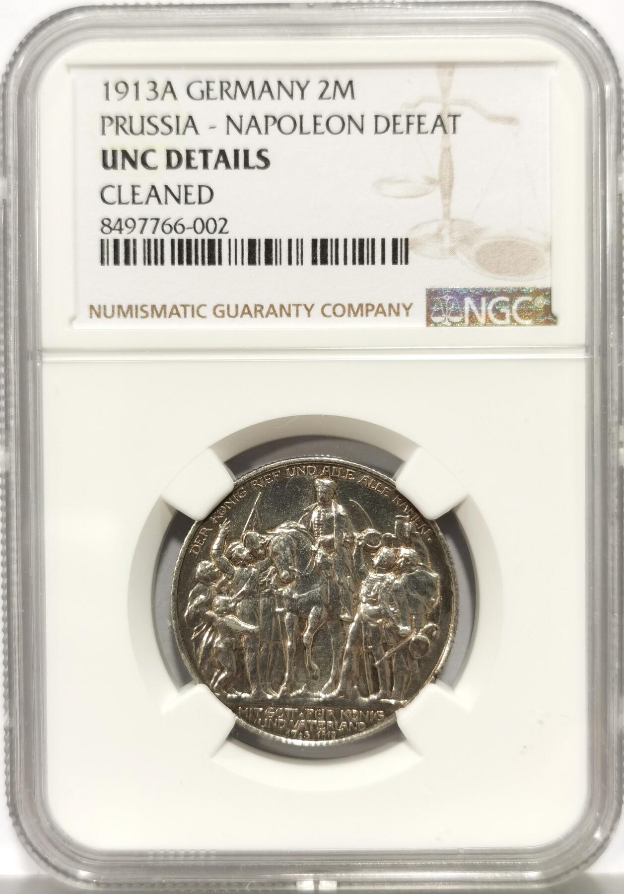 博洋堂世界钱币拍卖第147期（全场包邮） NGC UNCD 德国普鲁士1913战胜拿破仑百年纪念2马克银币，非常特殊的一版帝国马克设计，品相状态不错