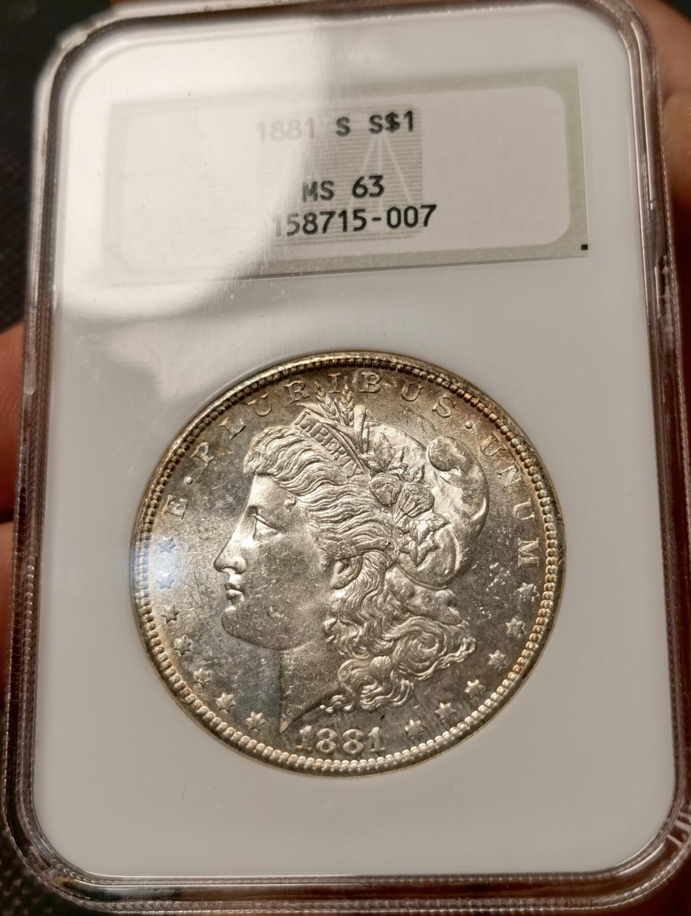 甄臻铺-世界币章拍卖（第40期）送拍享返佣金等优惠多多 NGC-MS63 美国 1881年S 摩根$1银币 NGC古董盒 潜力品种