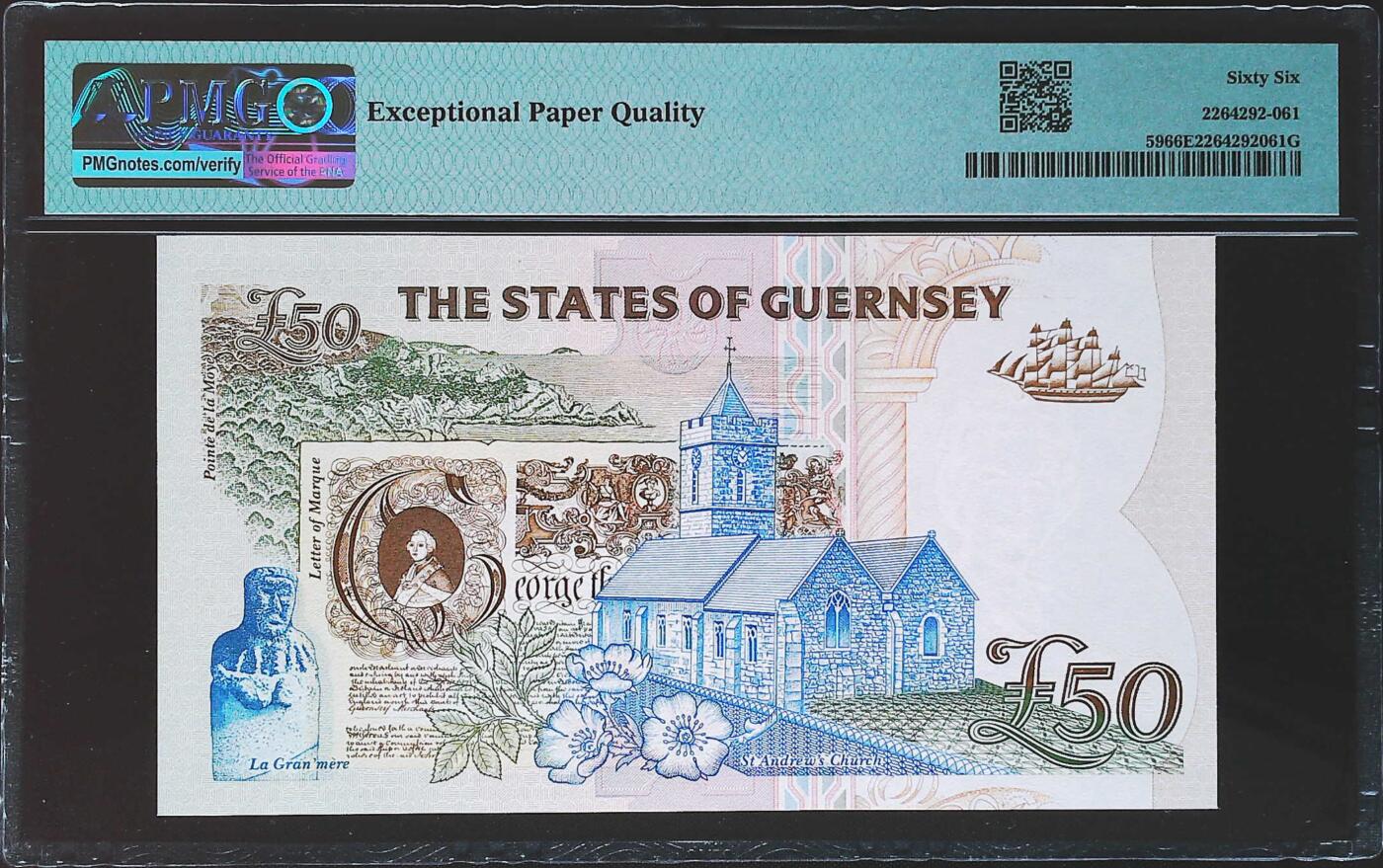 世界靓号纸钞第七十八期 1994年格恩西50镑 首发A冠 全程无347 PMG66 最大面值