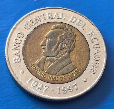 外国优质老铜币银币，周六九点倒数截拍，满百包邮，可寄存半年，喜欢朋友微信扫描二维码可直接参拍 - 厄瓜多尔1997年100苏克雷双色币