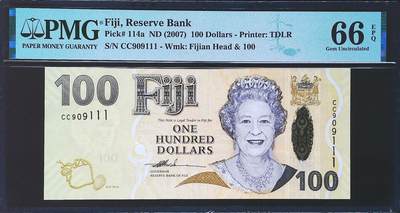 世界靓号纸钞第七十八期 - 2007年斐济100元 倒置号 豹子号111 PMG66