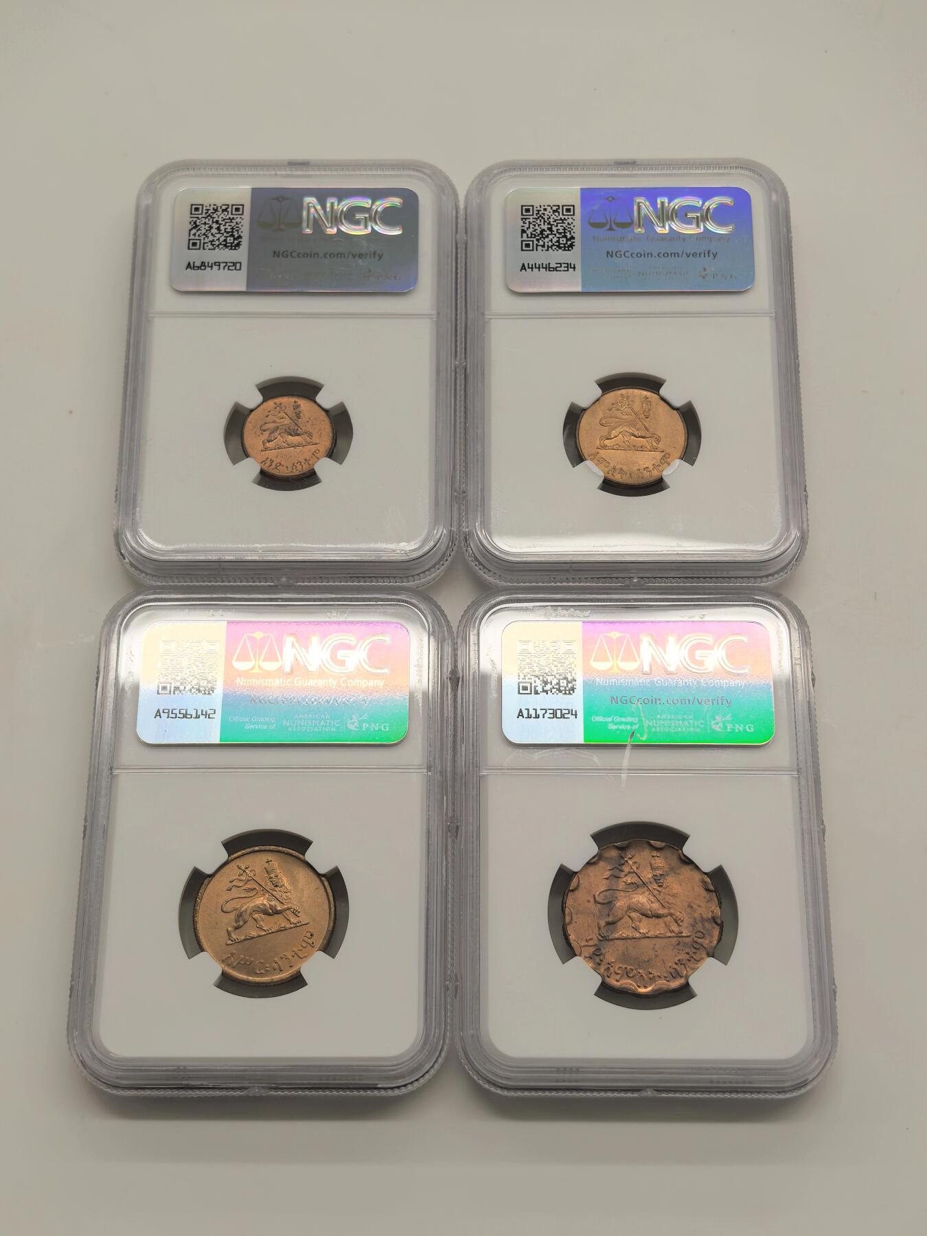 博洋堂世界钱币拍卖第147期（全场包邮） NGC MS62-64RB 埃塞俄比亚1936年1/5/10/25分一套，都是卷拆品质，相同品种被压分了