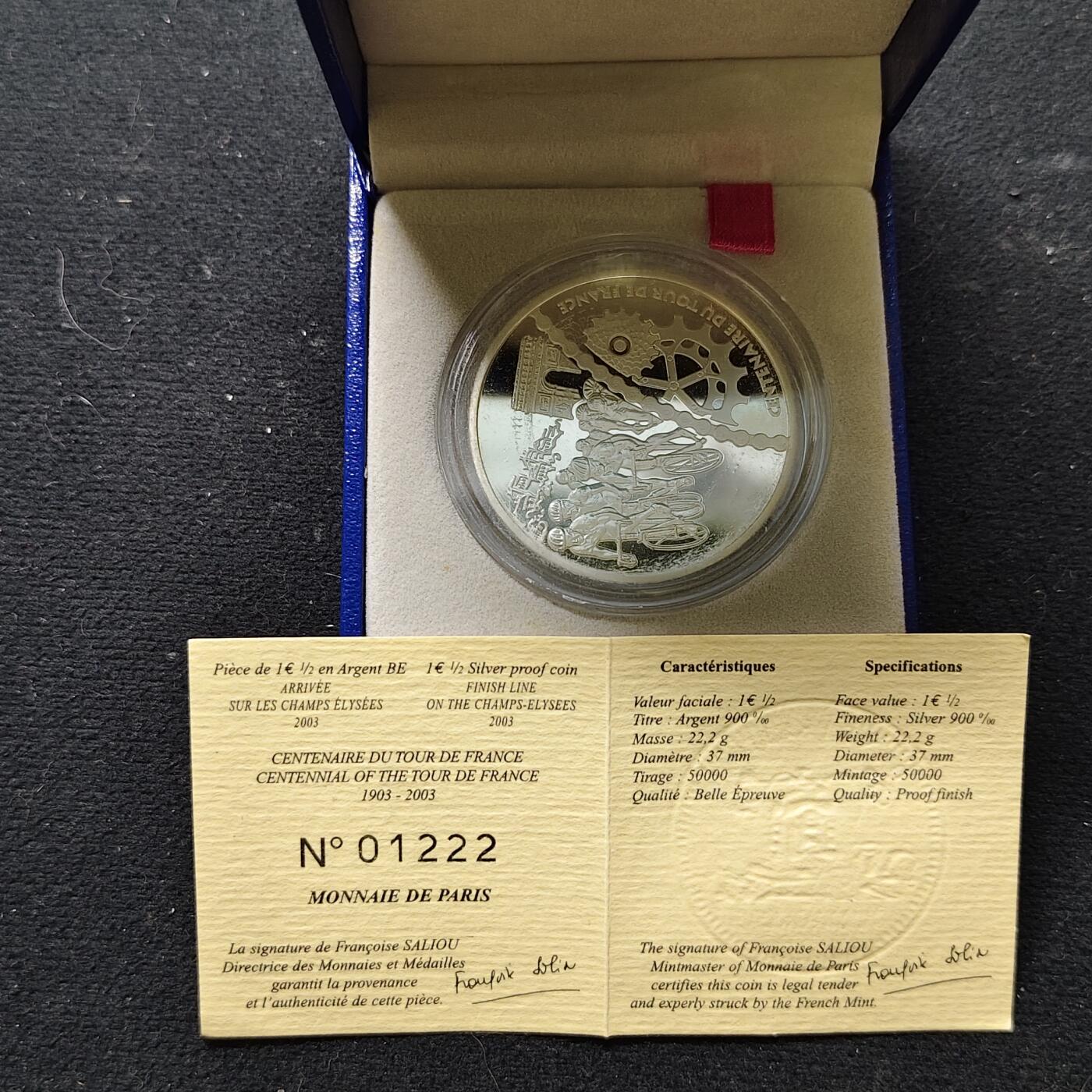【全场包邮】纯粹捡漏拍479场（免费代拍第16场） 法国2003年1½欧元环法自行车赛100周年凯旋门（37毫米22.2克）精制纪念银币-盒证全