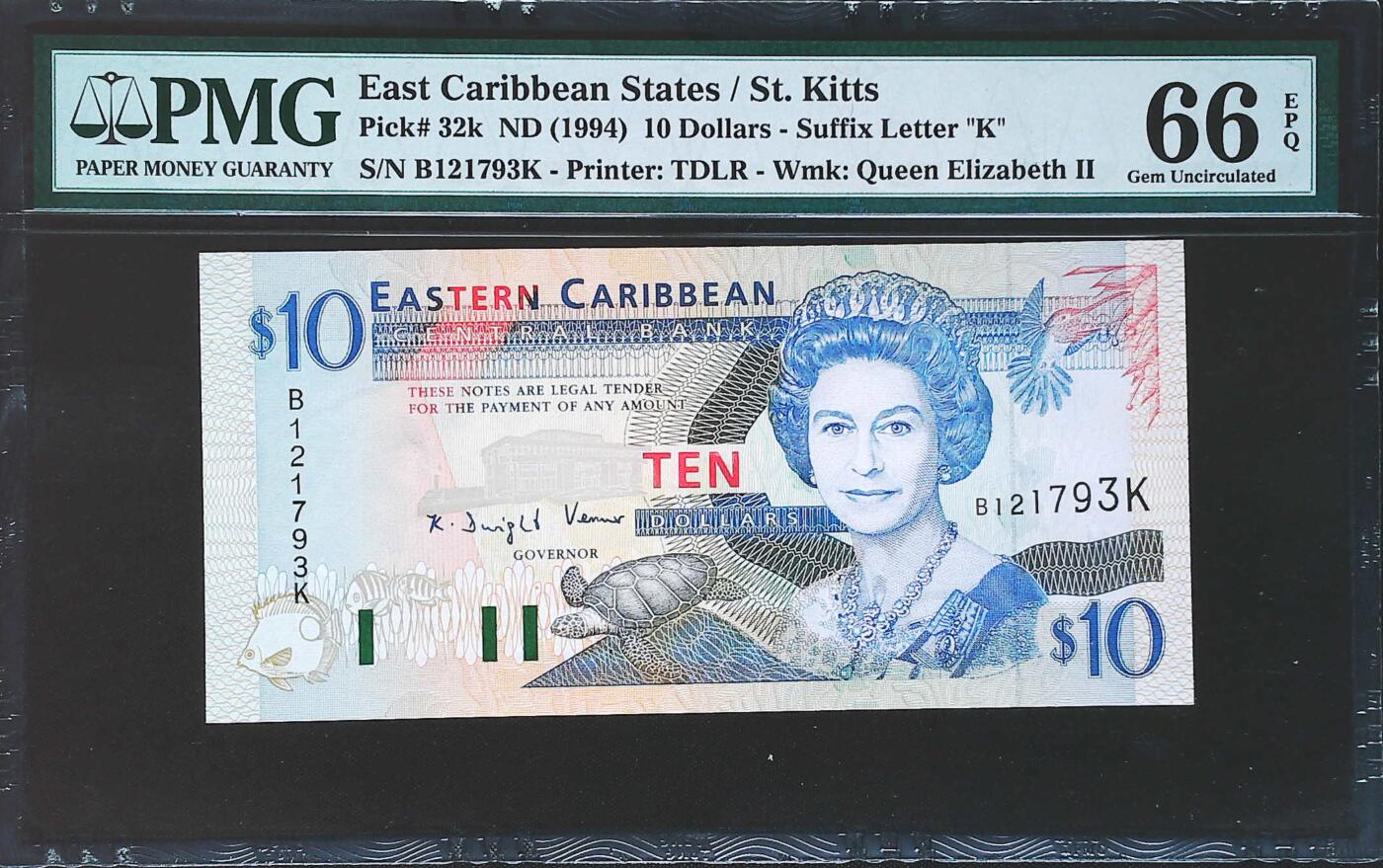世界靓号纸钞第七十八期 1994年东加勒比10元 早期女王 全程无4 PMG66