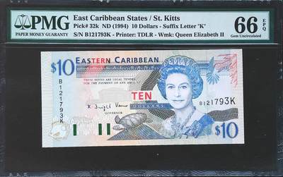 世界靓号纸钞第七十八期 - 1994年东加勒比10元 早期女王 全程无4 PMG66